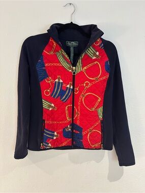 Vintage LRL Lauren Ralph Lauren Navy Sleeve Quilted Equestrian Print Zip Jacket